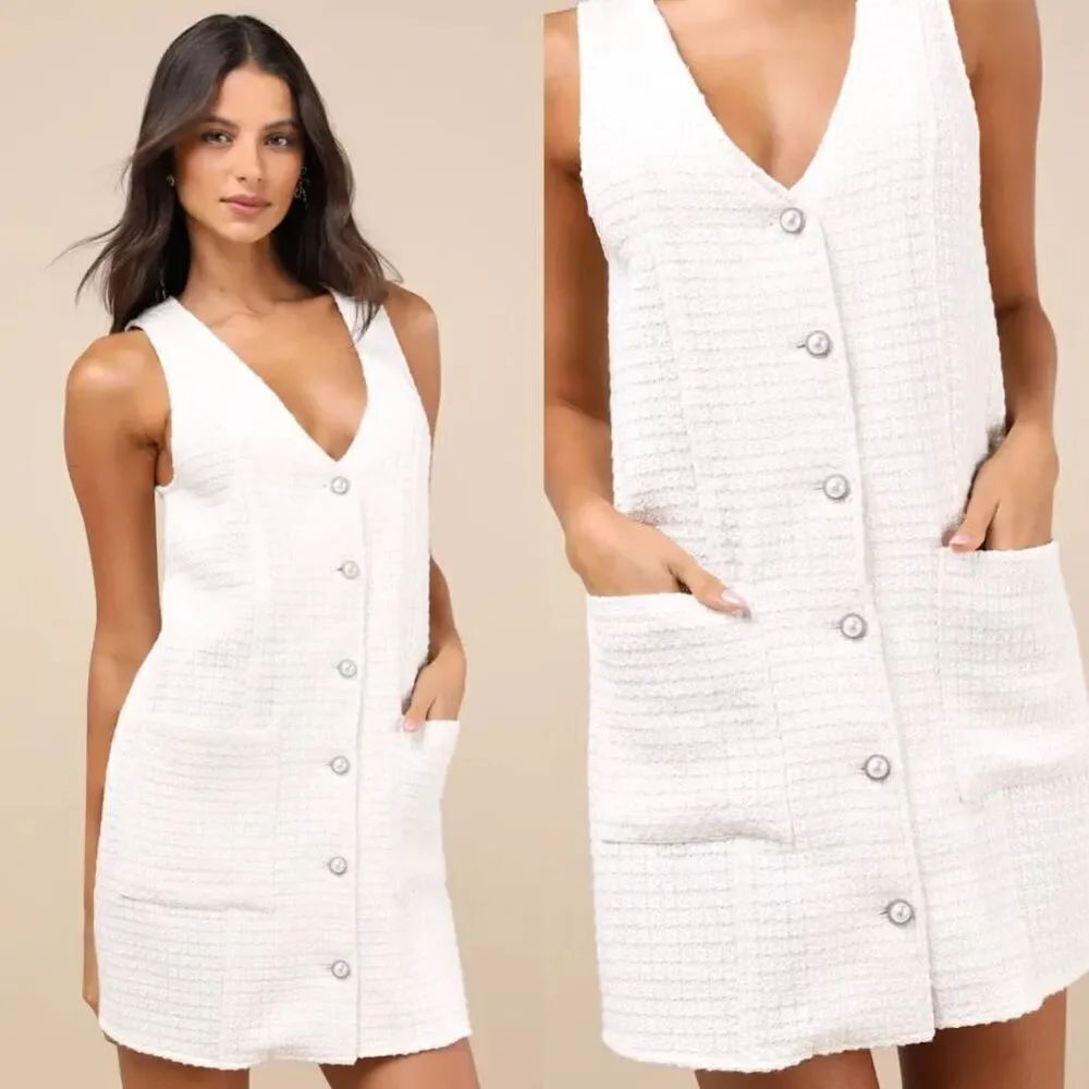 Lulus Elevated Concept White Tweed Lurex Button-Front Shift Mini Dress M NWT